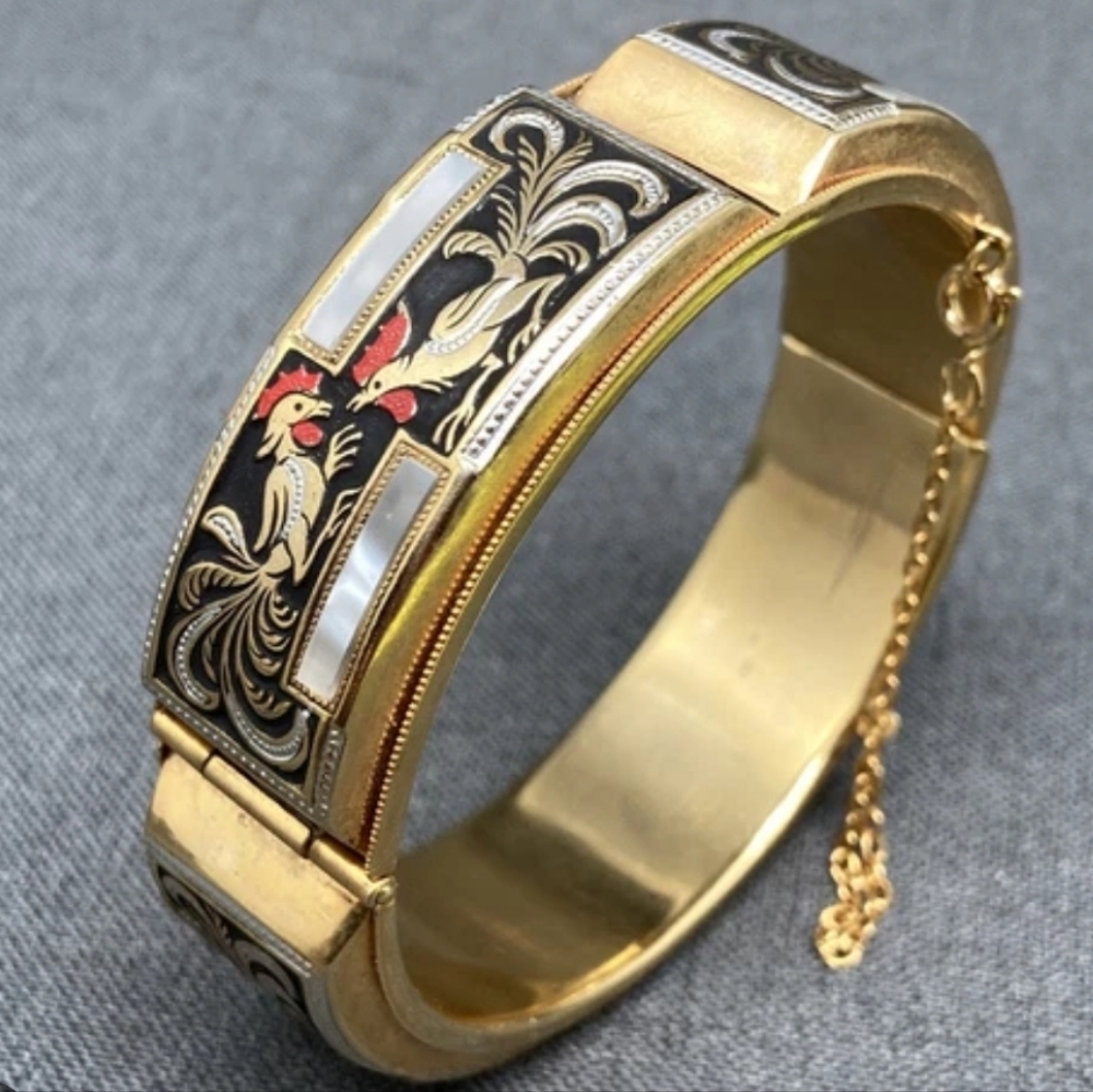 Vintage Damascene Spain Black Enamel Over Gold Bracelet Abalone Inlay & Rooster